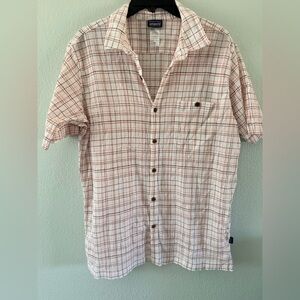 Patagonia Organic Cotton White Brown  Plaid Short-Sleeve Button-Up Shirt  sz XL